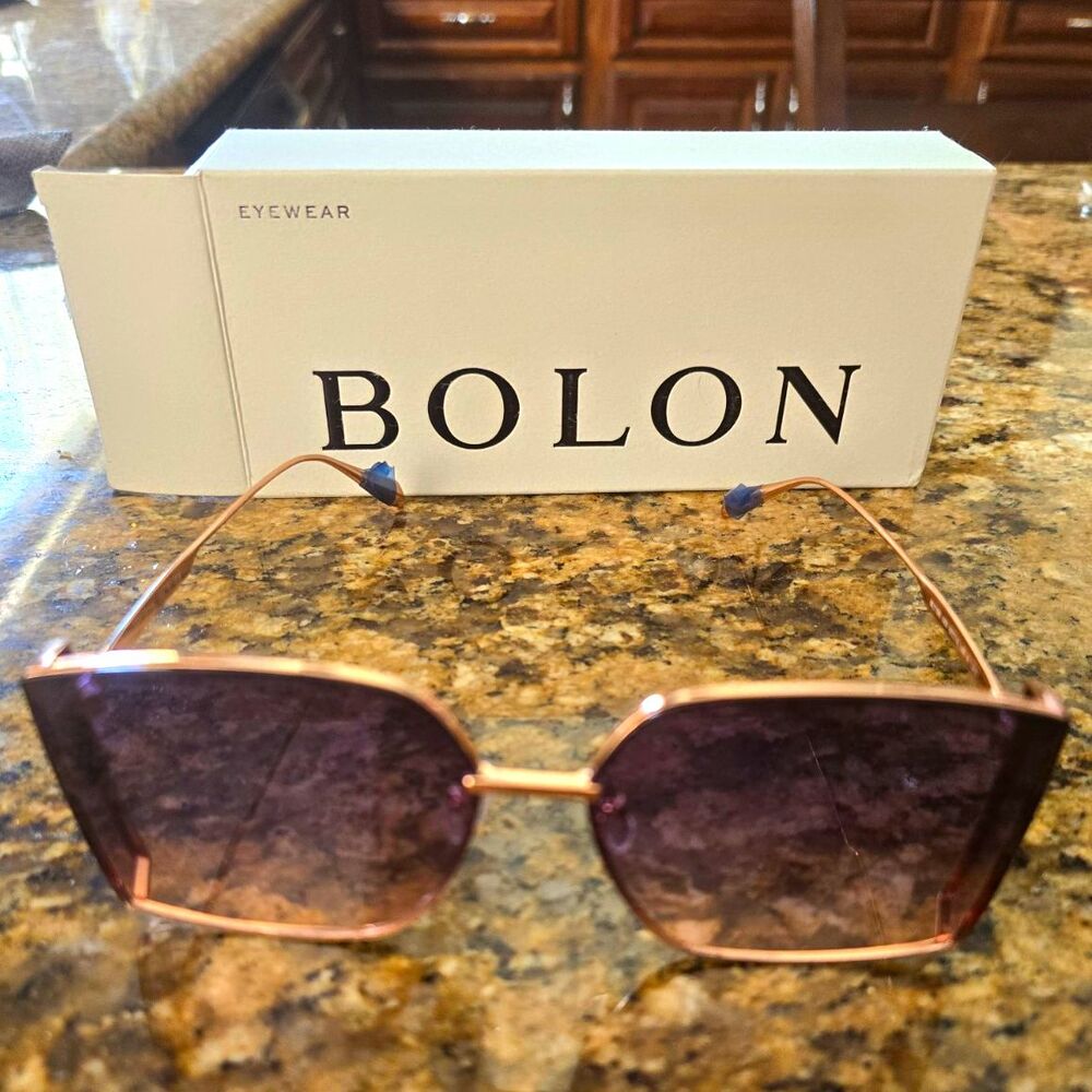 BOLON Rimless Geometric Sunglasses Rose Gold Metal Frame Purple Tinted Lenses